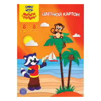 Картон цветной А4 8 л 8 цв в папке Приключения Енота немелованный