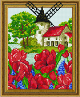 Алмазная мозаика 40*50 Пейзаж с мельницей (холст на подрамнике, акриловые круглые стразы)